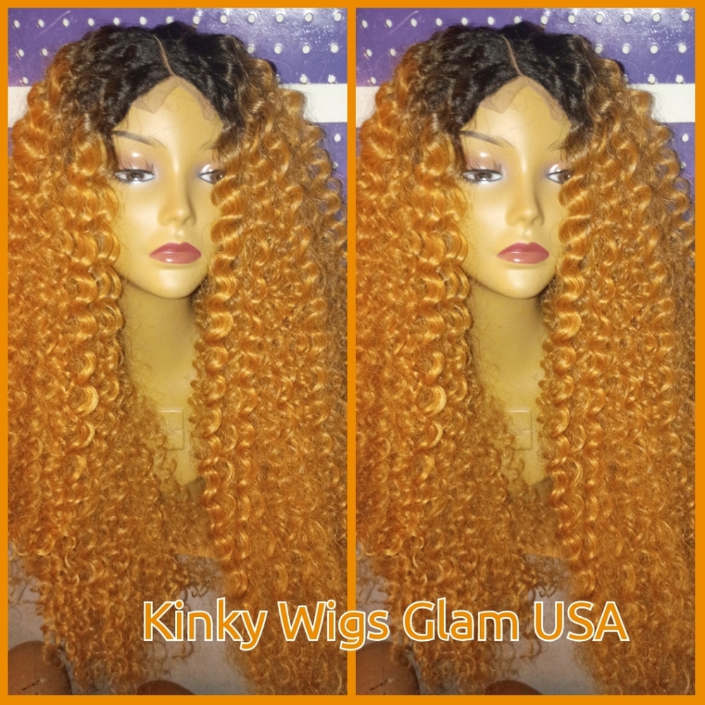 30"#27 Honey Blonde 2x6 Hd Middle Part Kinky Crochet Curly Hair Wig